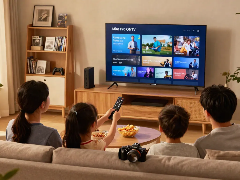Famille utilisant l'application Atlas Pro ONTV pour une soirée de divertissement à la maison.
