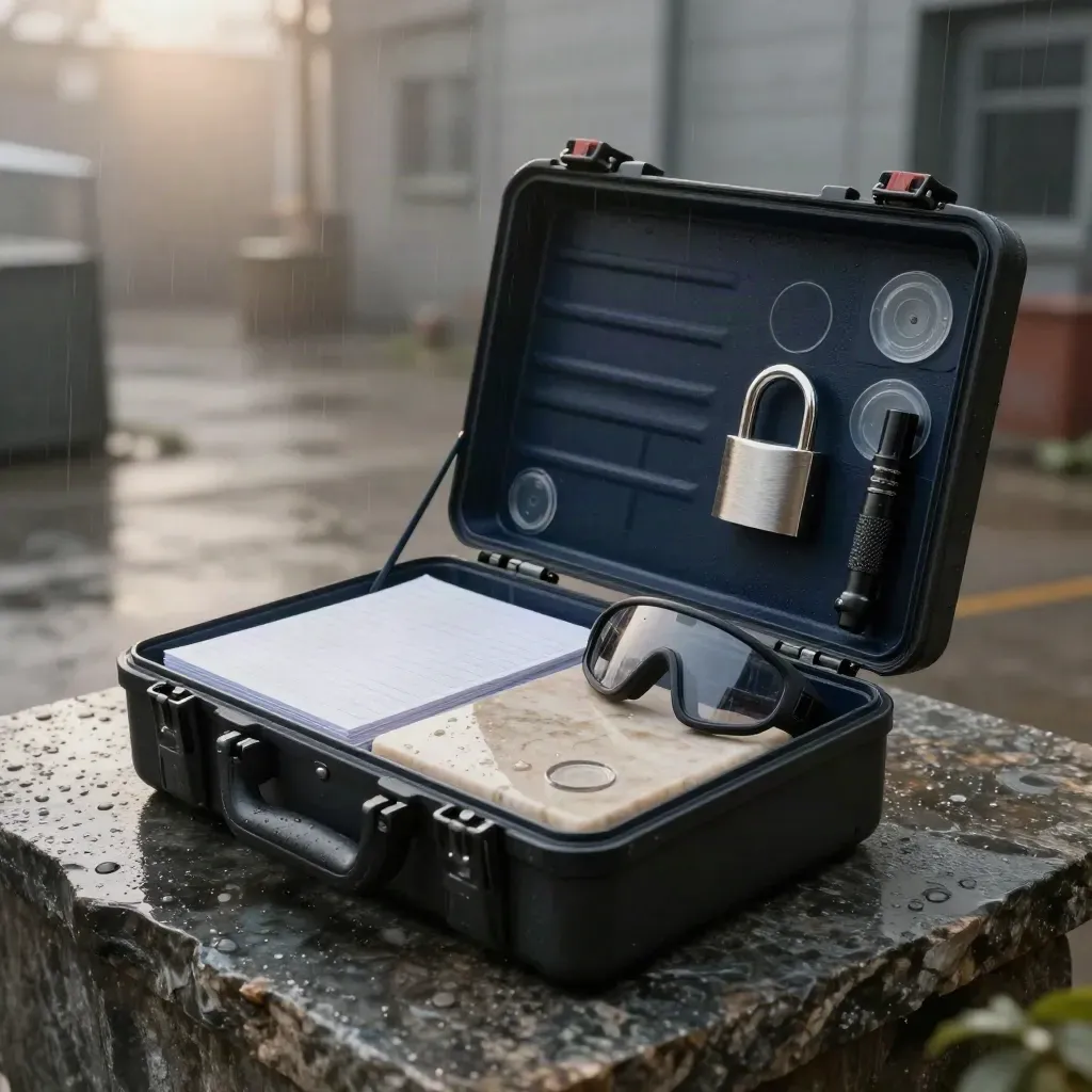 Mallette d’audit noire ouverte avec cadenas, scellés, lampe et lunettes sur pierre humide