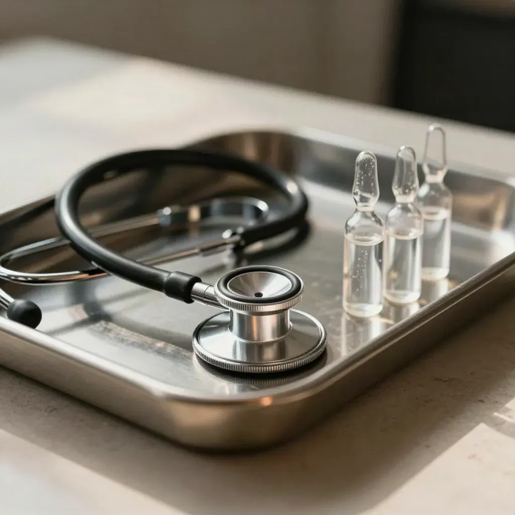 Plateau médical en acier avec embout de stéthoscope, stylo-lampe et ampoules, lumière ambrée.