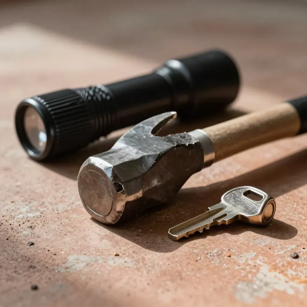 Marteau brise-glace, torche d’urgence et capsule de clé sur béton chaud, lumière rasante.